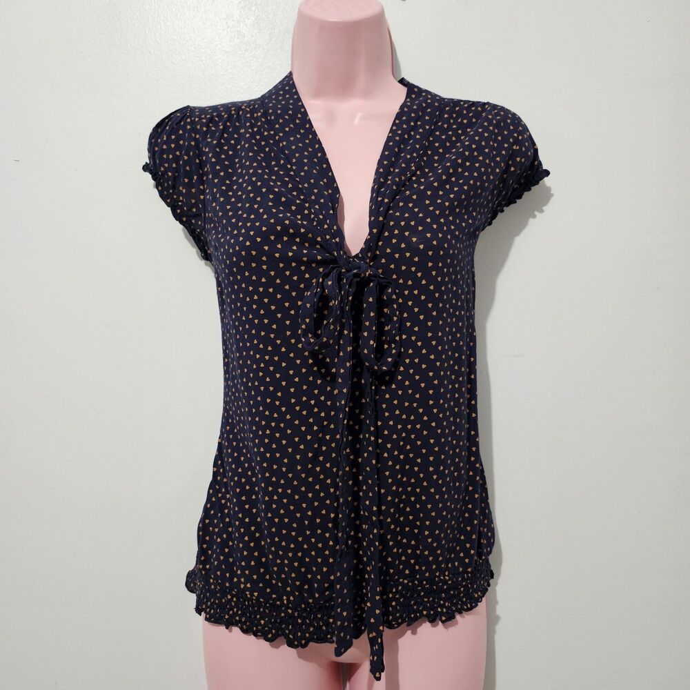 Vintage Y2K -  Jane Norman - Blouse Neck Tie Heart Polka Dot -  Size 8 - Navy
